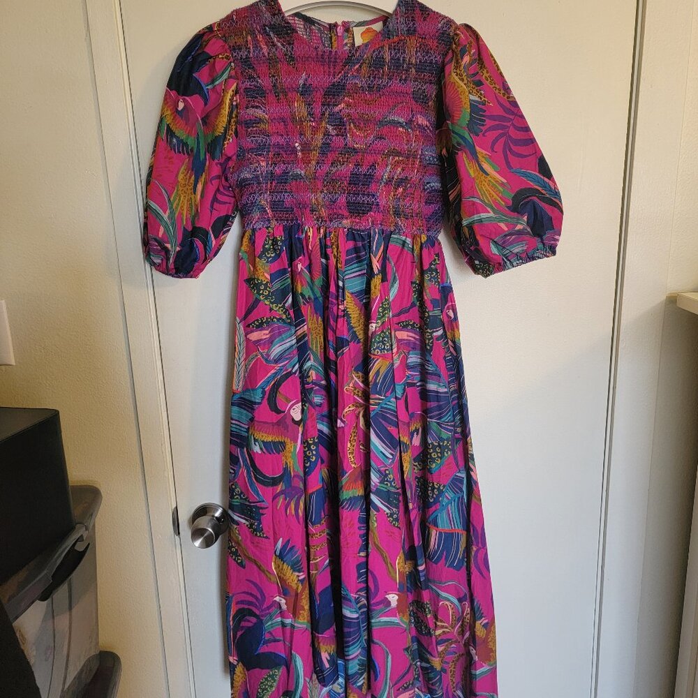 FARM Rio MACAWS MIDI DRESS XS CERTIFIED ORGANIC COTTON